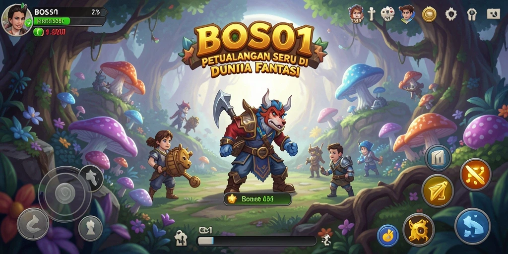 Tampilan gameplay BOS01 menampilkan karakter dalam dunia petualangan yang penuh warna.
