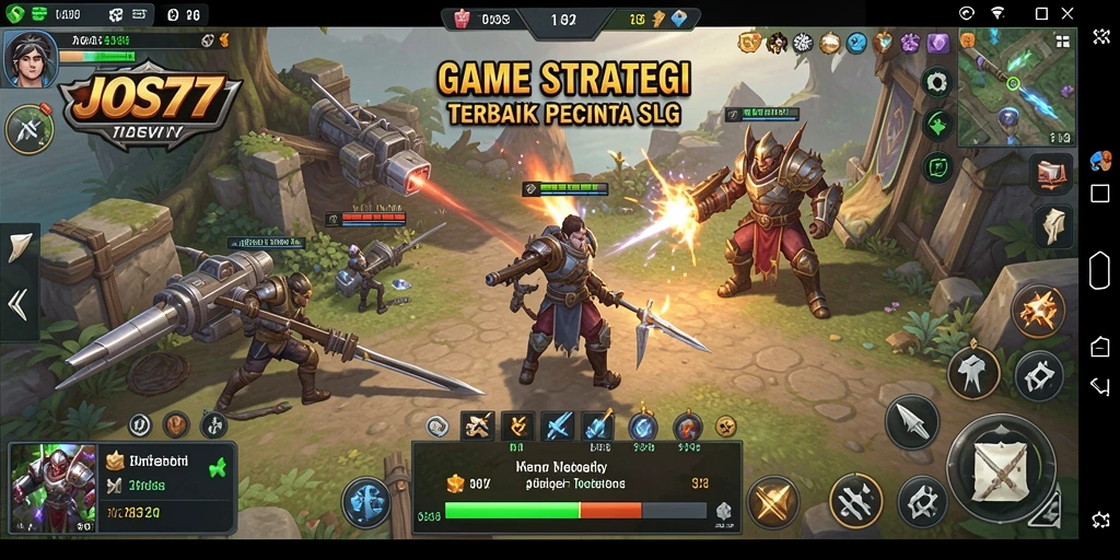 Screenshot gameplay JOS77 menunjukkan pertempuran yang epik dan manajemen kerajaan.