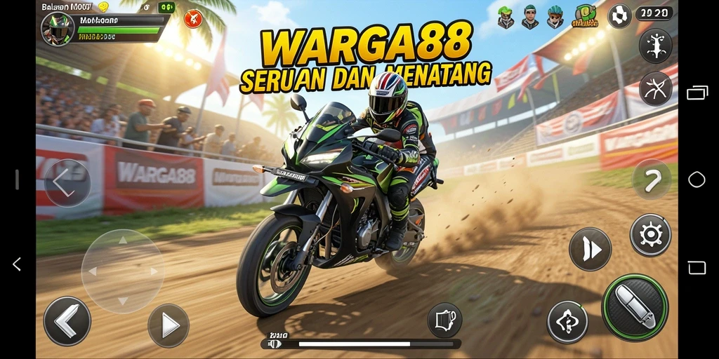Tampilan gameplay WARGA88 dengan motor balap di sirkuit.